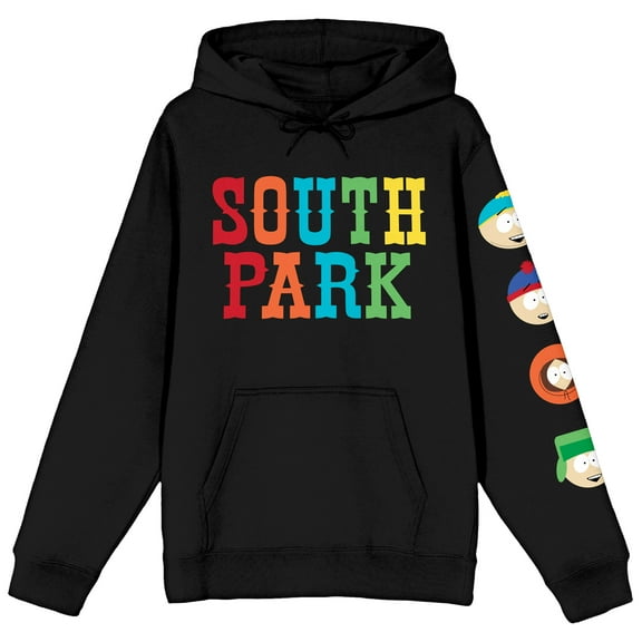 South Park Multicolored Title and Character Faces Women's Black Graphic Hoodie-Large