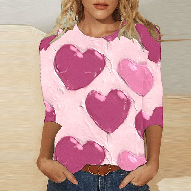 Styesk T-Shirts pour Femmes à Manches 3/4 Longueur, Imprimé Cœur, Hauts de Sortie, T-Shirts Confortables et Doux à Col Rond, Chandail à Enfiler, T-shirt Léger de Mode, Graphique de la Saint-Valentin, Grande Taille, Hauts Décontractés