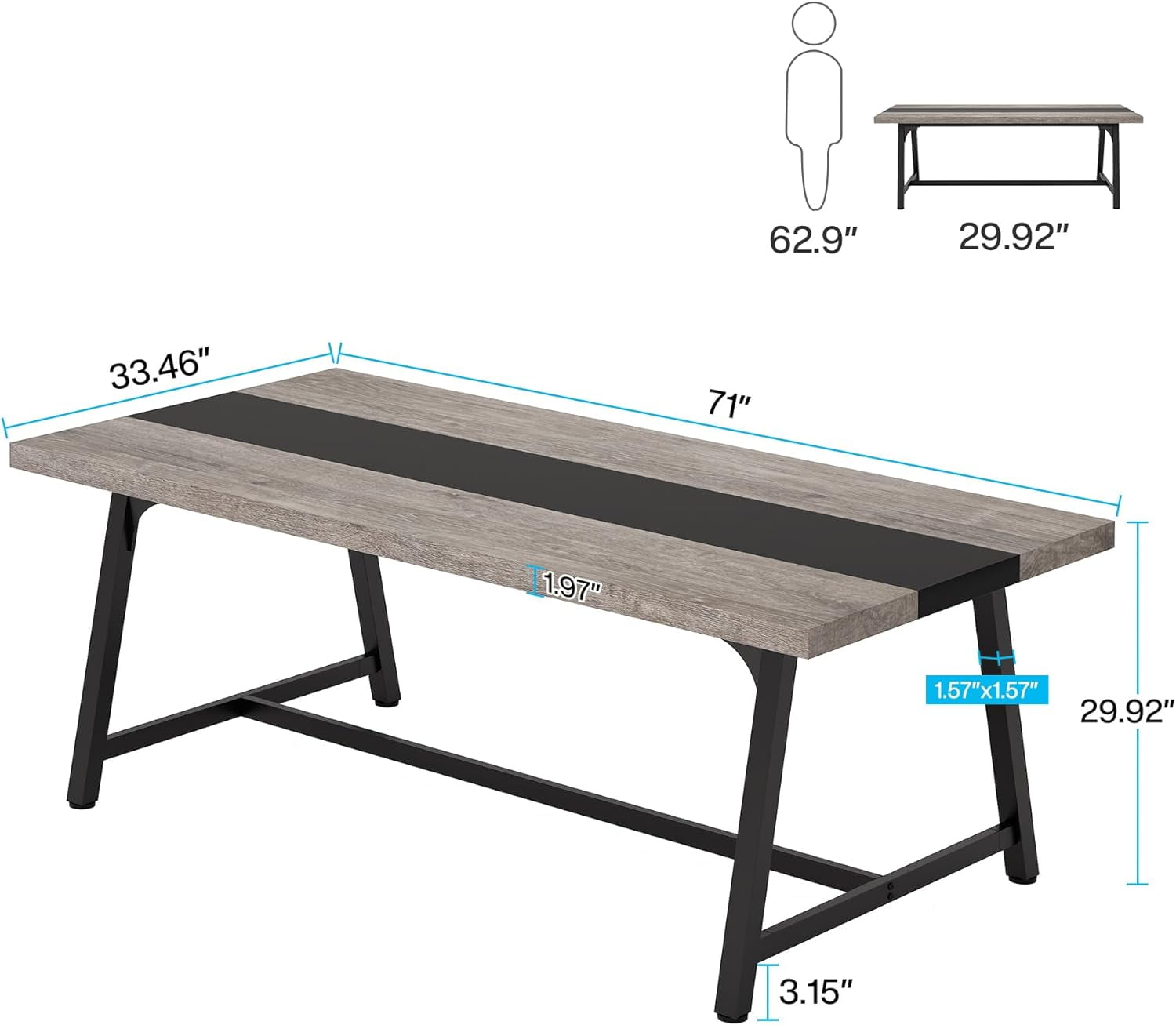 Finmind Executive Office Desk, Large Workspace, Modern Adult Writing Table, 70.87" L x 33.46" W x 29.92" H (Grey & Black)