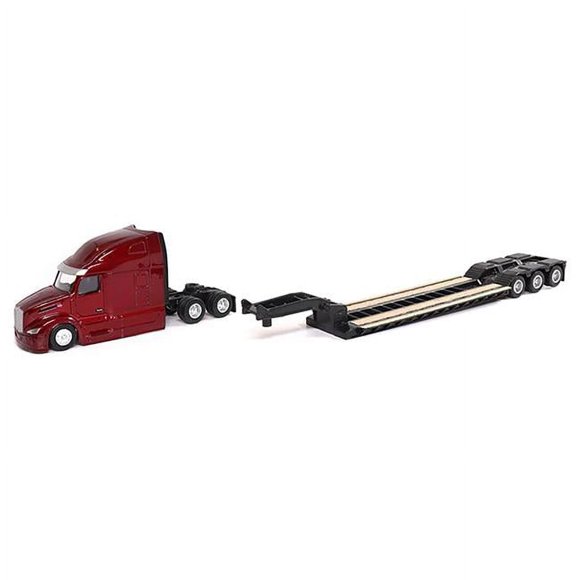 Diecast Masters 84419 1-87 HO Scale Diecast Model Tractor with Lowboy Trailer & CAT D5M Dozer for Peterbilt 579 UltraLoft Tandem - Red Metallic Yellow