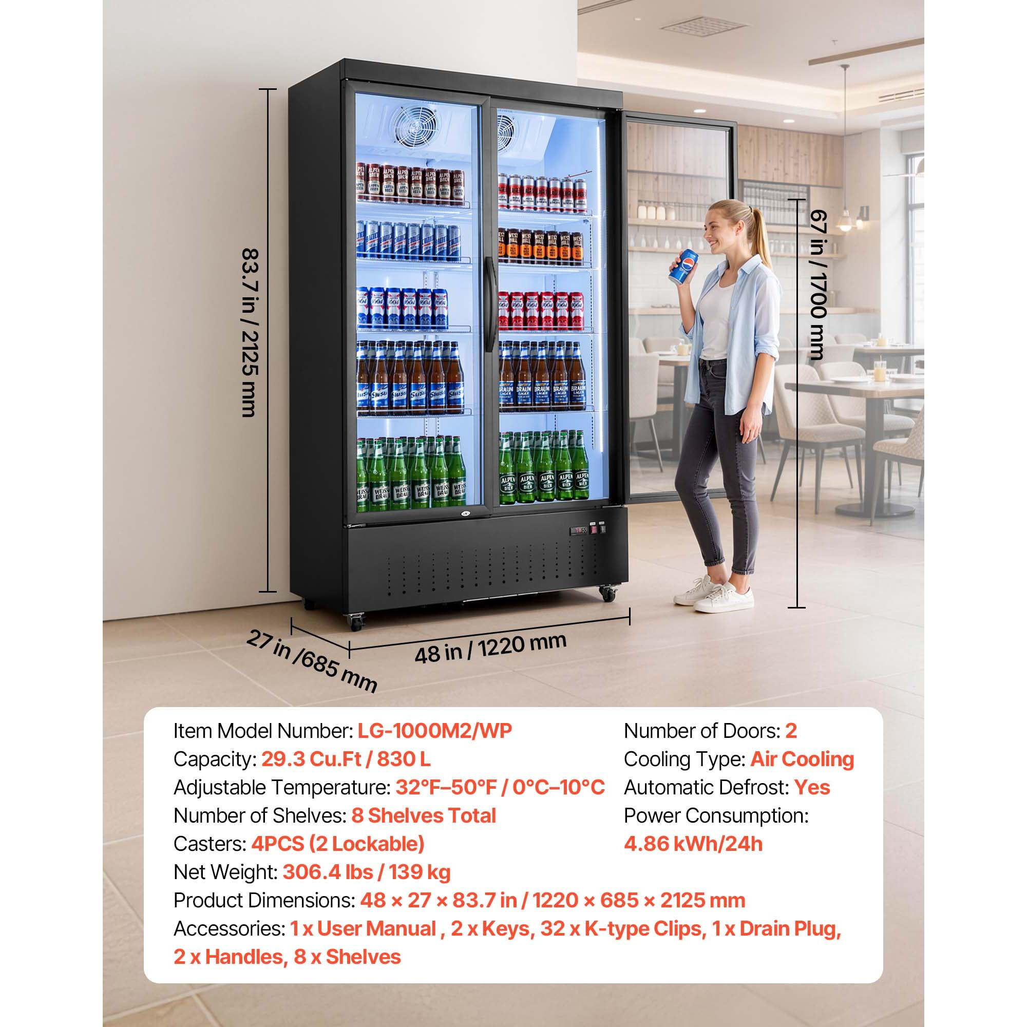 KFFKFF Commercial Merchandiser Refrigerator, 29.3 Cu.Ft / 830L Upright Cooler with Dual Glass Doors, 8 Adjustable Shelves, LED Lighting & Casters for Bars, Stores, and Supermarkets