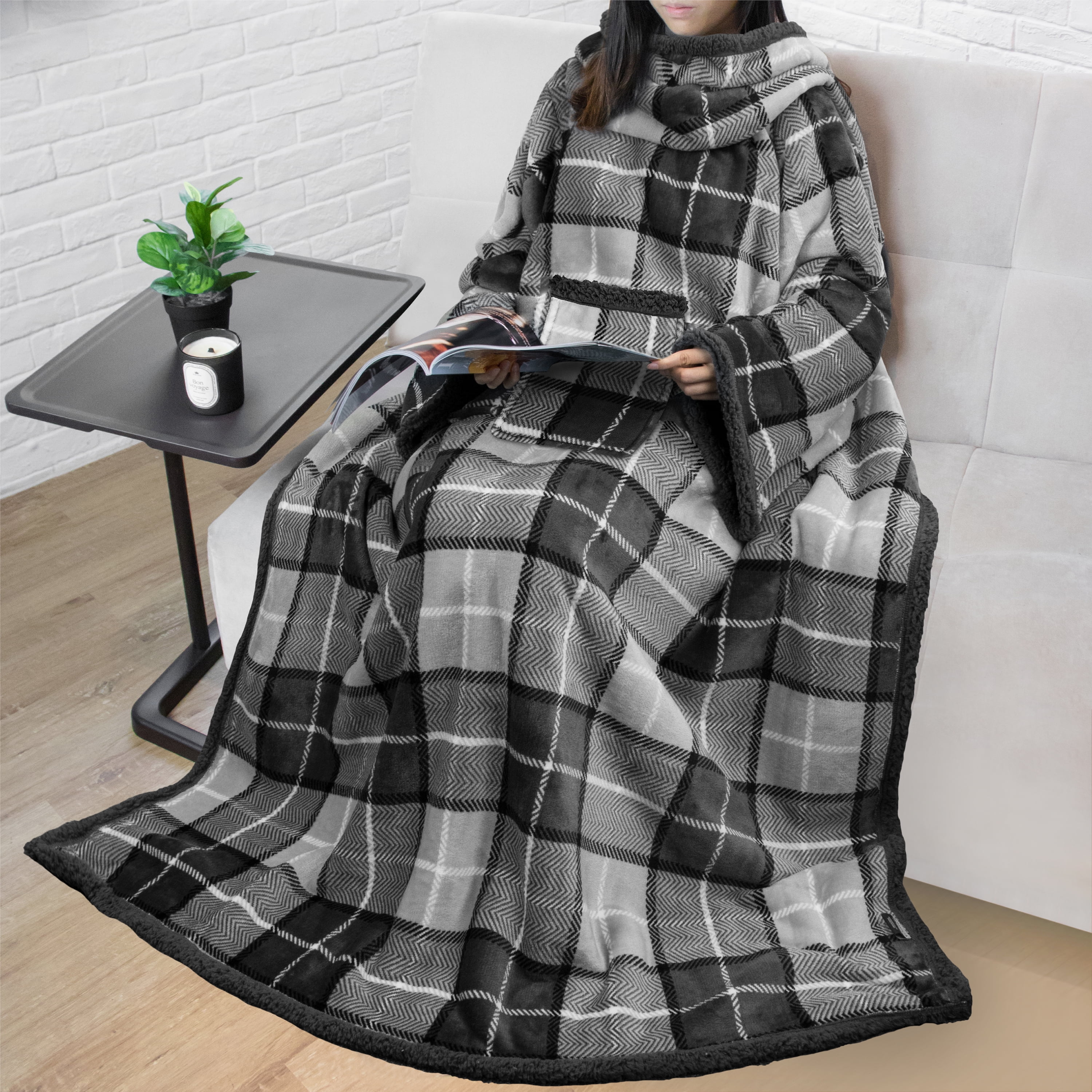PAVILIA Deluxe Sherpa Fleece Blanket with Sleeves for Women Men Adult