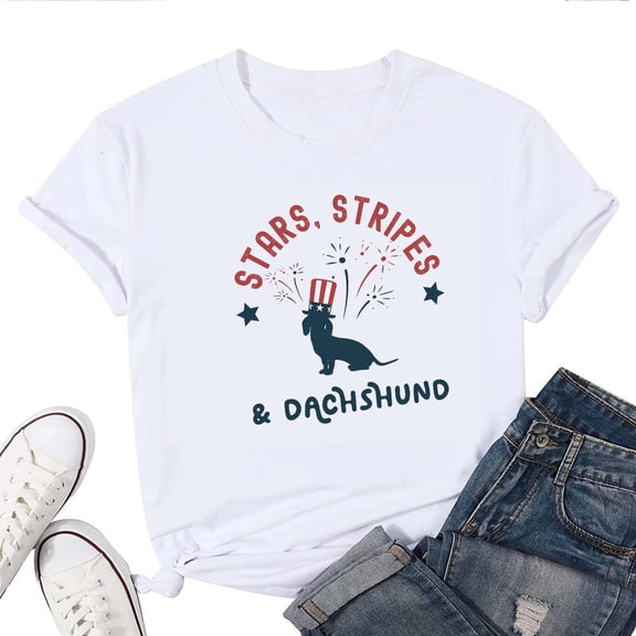 Stars Stripes & Dachshund T-Shirt for Women – Patriotic 4th of July USA Flag Wiener Dog Graphic Tee