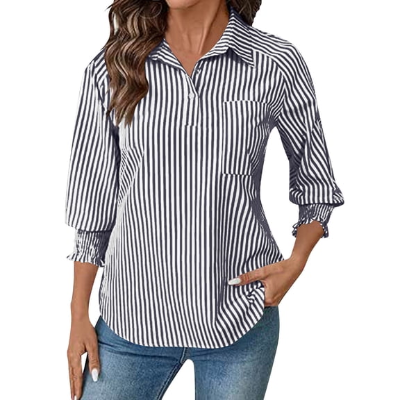 QNANSPI 3/4 Sleeve Shirts for Women, Womens Casual Blouses, Women's Stripe Print 3/4 Sleeve Office Blouse Solid Color Traditional Collar Button Detail Business Casual Top