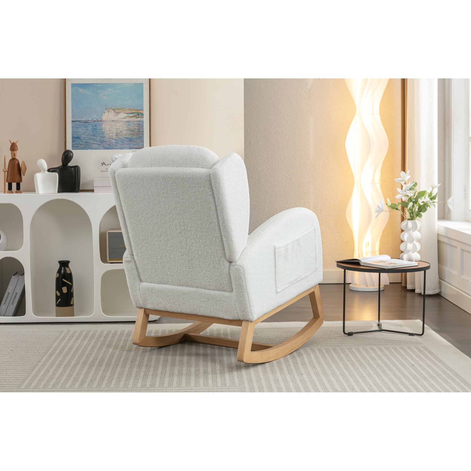 Rocking Chair Nursery,Teddy Fabric Uplostered Rocking Glider Chair with Side Pocket,Modern High Backrest Single Sofa for Living Room, Hotel, Bedroom, Baby Room,Ivory