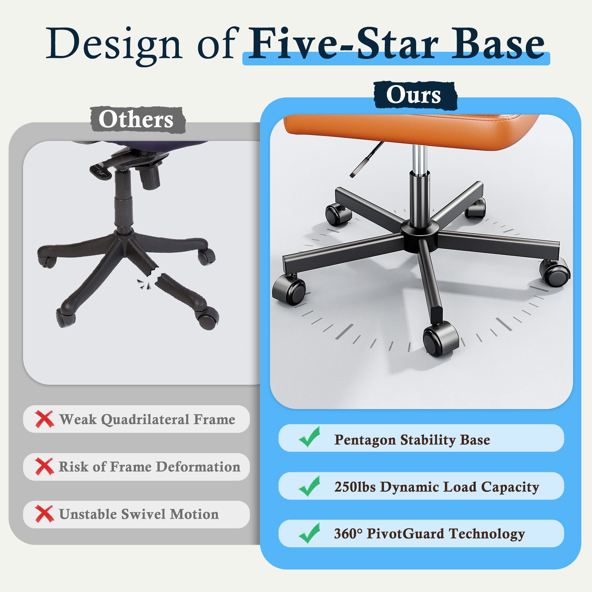 Romorgniz 27" W Chair Criss Cross Legged Office Chair Armless Adjustable Desk Chair with Wheels, Wide Seat, and 2-Layer Cushion, Orange