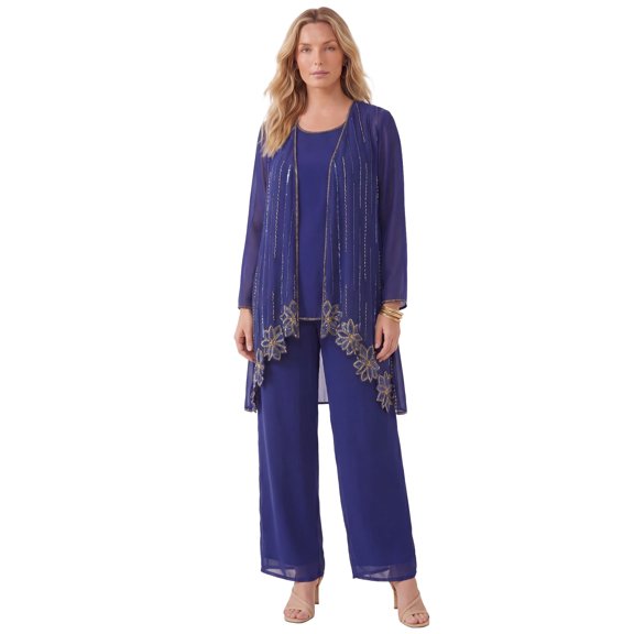 Roaman's Women's Plus Size Plus-Size Long Sleeve Floral Beaded Georgette Three-Piece Pant Set