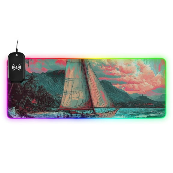 Sailboat at Sea Wireless Charging RGB Gaming Mouse Pad Large Keyboard Mat Rubber Base 13 Light Modes