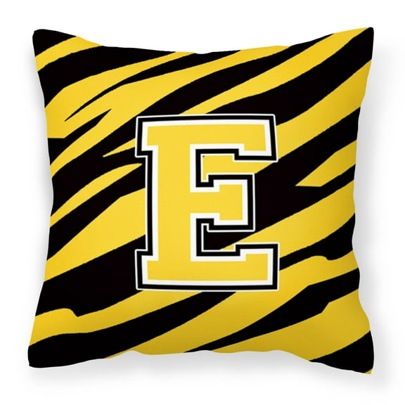 Letter E Initial Tiger Stripe - Black Gold Fabric Decorative Pillow