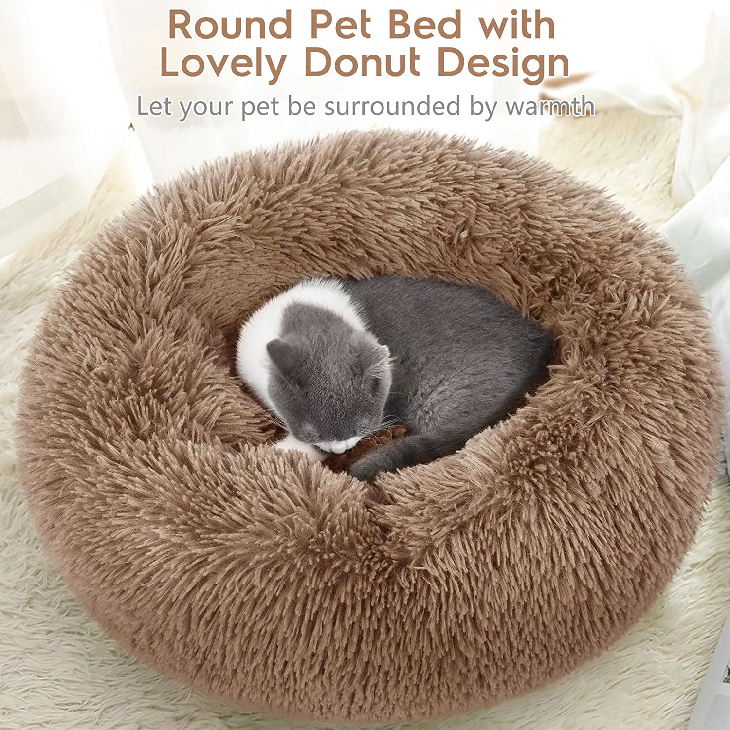 SAYDY Cat Bed for Indoor Cats Fluffy Round Self Warming Calming Soft Plush Donut Cuddler Cushion Pet Bed for Small Dogs Kittens Machine Washable