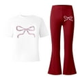 thumbnail image 5 of ZHOGXU Big Kids Girls Outfit Bow Printed Short Sleeve Round Neck Top And Flare Leg Pants Two Piece Comfortable Fashion Sets For Daily Wear Brick Red 9-10 Years, 5 of 5