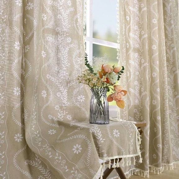 Tan Boho Curtains 96 Inch Length Linen Curtains for Living Room 2 Panels Vintage Farmhouse Printed Floral Curtain Rustic Curtain Drapes