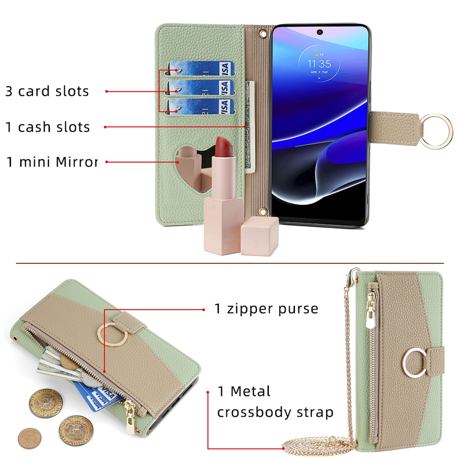 Case for Motorola Moto G Stylus 5G 2025 Zipper Wallet Cover with Make-up Mirror,Flip Cover PU Leather Ring Card Holder Kickstand Crossbody Strap Chain Cell Phone Cover for Moto G Stylus 5G 2025,Green