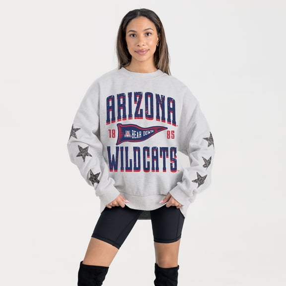 Women's Gameday Couture Ash Arizona Wildcats Oversized Pennant Pride Rhinestone Star Sleeve Sweatshirt