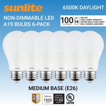 Sunlite LED A19 Light Bulbs, 14 Watts (100W Equivalent), Medium (E26), Non-Dimmable, Frost, UL Listed, 6500K Daylight, 6-Pack