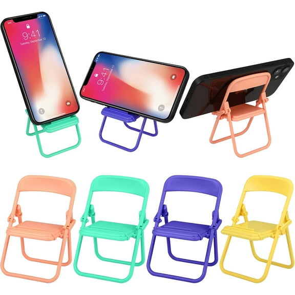 4 Pcs Mini Folding Chair Cell Phone Stand, Foldable Candy Color Mobile Phone Holder Adjustable for Desk Dollhouse Desktop Home Office Supplies