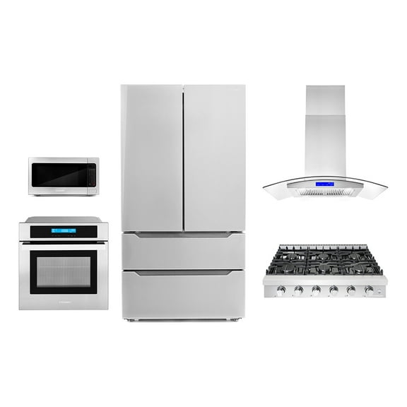 Cosmo 5 Piece Kitchen Package With 36" Slide-In Gas Cooktop 30" Single Electric Wall Oven 24.4" Countertop Microwave French Door Refrigerator & 24" Built-in Fully Integrated Dishwasher