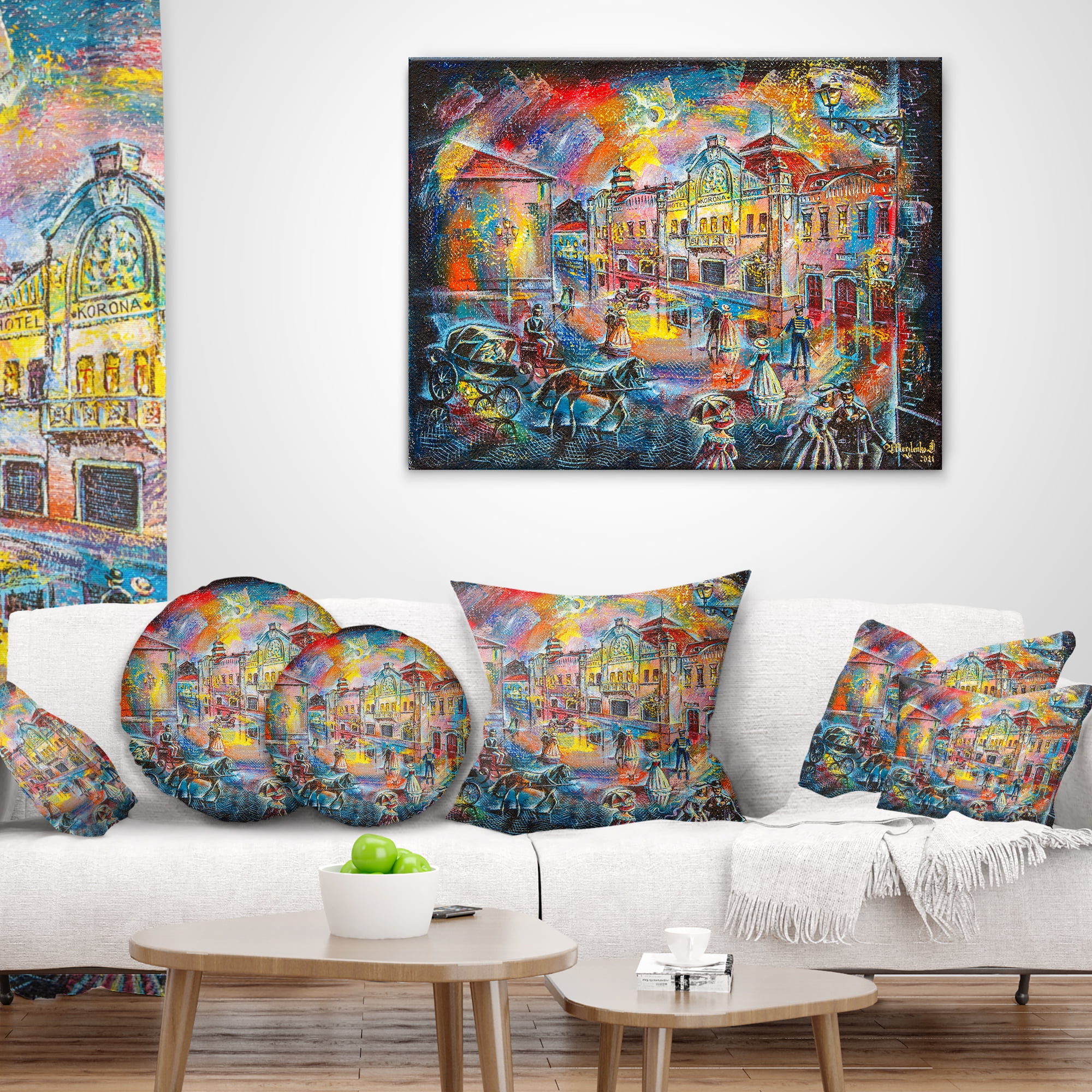 Designart Night City with People - Cityscape Throw Pillow - 12x20