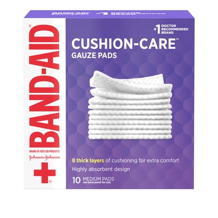 Band-Aid Brand Cushion Care Gauze Pads, Medium, 3 in x 3 in, 10 Ct