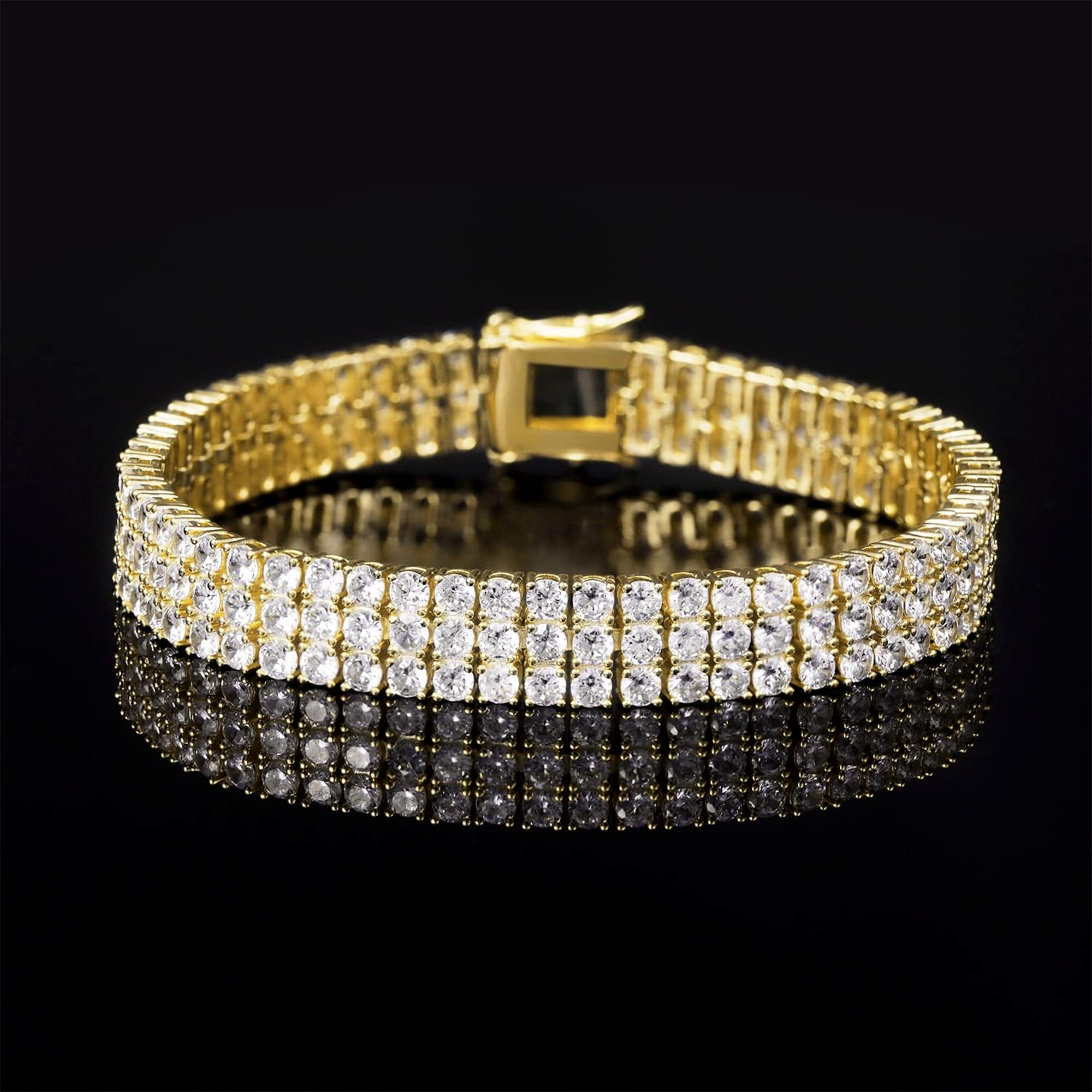 GEMSME Tennis Bracelets for Women Men 18K Yellow Gold Plated 3 Row 3.0 mm Round Cubic Zirconia Tennis Bracelet Iced Out Hip Hop Bracelet 7 Inches