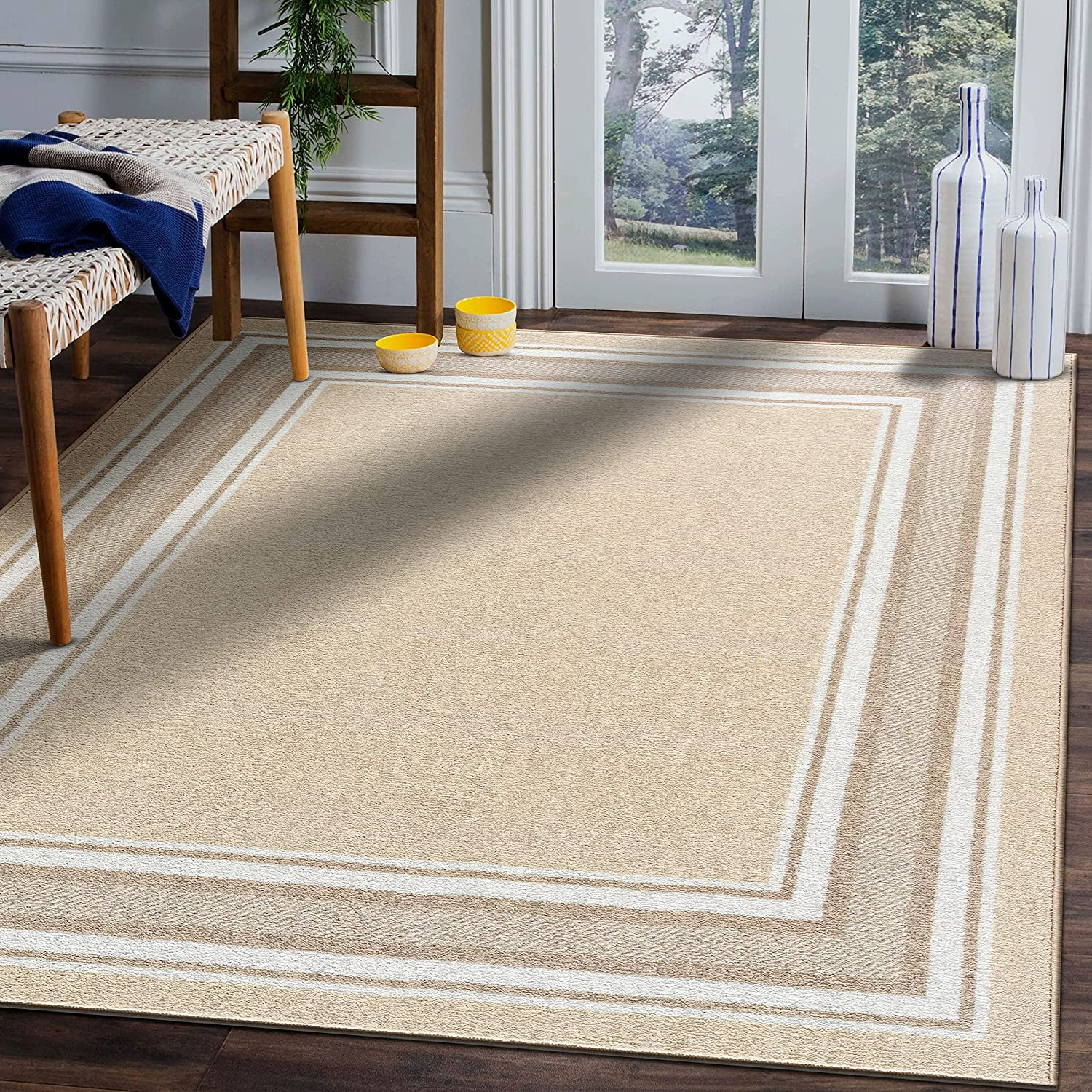Modern Bordered 5X7 Area Rug for Living Room, Dining Room Rug, Bedroom Carpet, Indoor Non Skid
