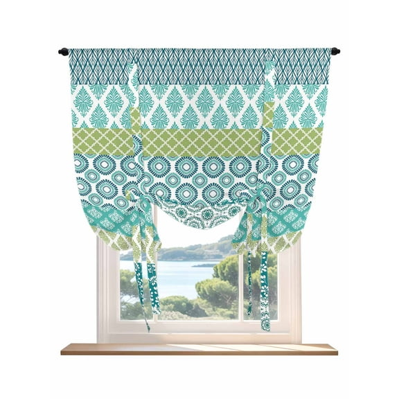 Teal Striped Tie Up Curtains for Windows 45 Inch Length Balloon Curtains Kitchen Adjustable Balloon Window Shade Boho Modern Geometric Abstract Art Ethnic Tie Up Bathroom Curtain Window 42"x45"