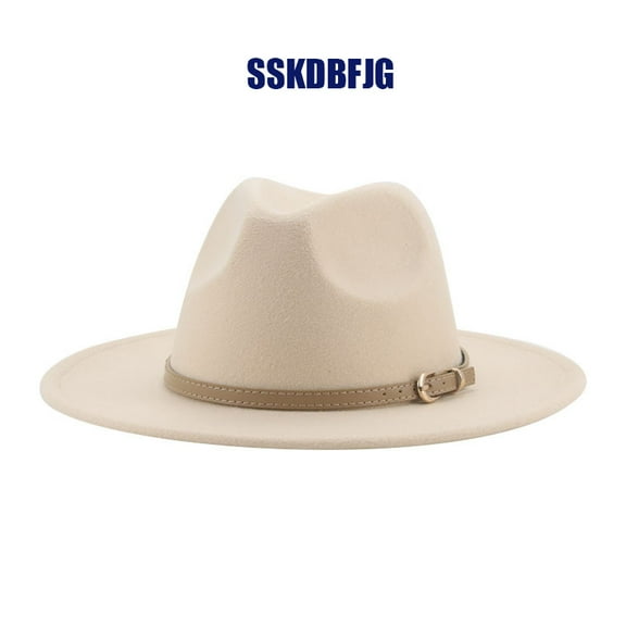 SSKDBFJG Women Fashion Flat Wide Brim Teardrop Crown Felt Fedora Hat with Hat Belt