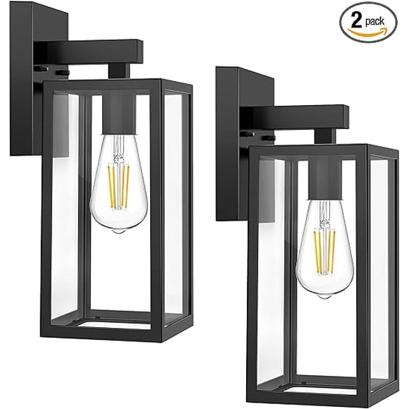 Outdoor Wall Sconce, Exterior Waterproof Wall Lantern Light Fixtures, Black Porch Lights with Toughened Glass, Anti-Rust Wall lamp, 2 Pack