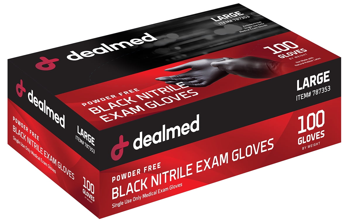 Dealmed Nitrile Exam Gloves, Black, Large, 100/Bx