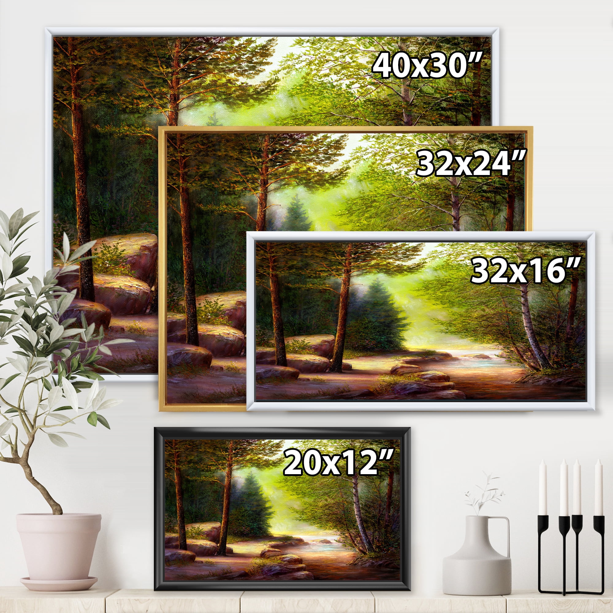Designart 'Sunrise Glow Through The Spring Trees' Lake House Framed Canvas Wall Art Print