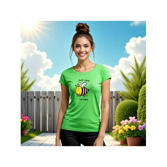 Playera Bee Happy, Don´t Worry – No te preocupes, Sé Feliz y ¡Zumba Con Estilo! Color Verde Lima Talla Mediana Marca Emil SaEs