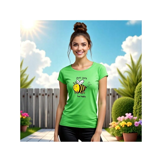 Playera Bee Happy, Don´t Worry – No te preocupes, Sé Feliz y ¡Zumba Con Estilo! Color Verde Lima Talla Grande Marca Emil SaEs