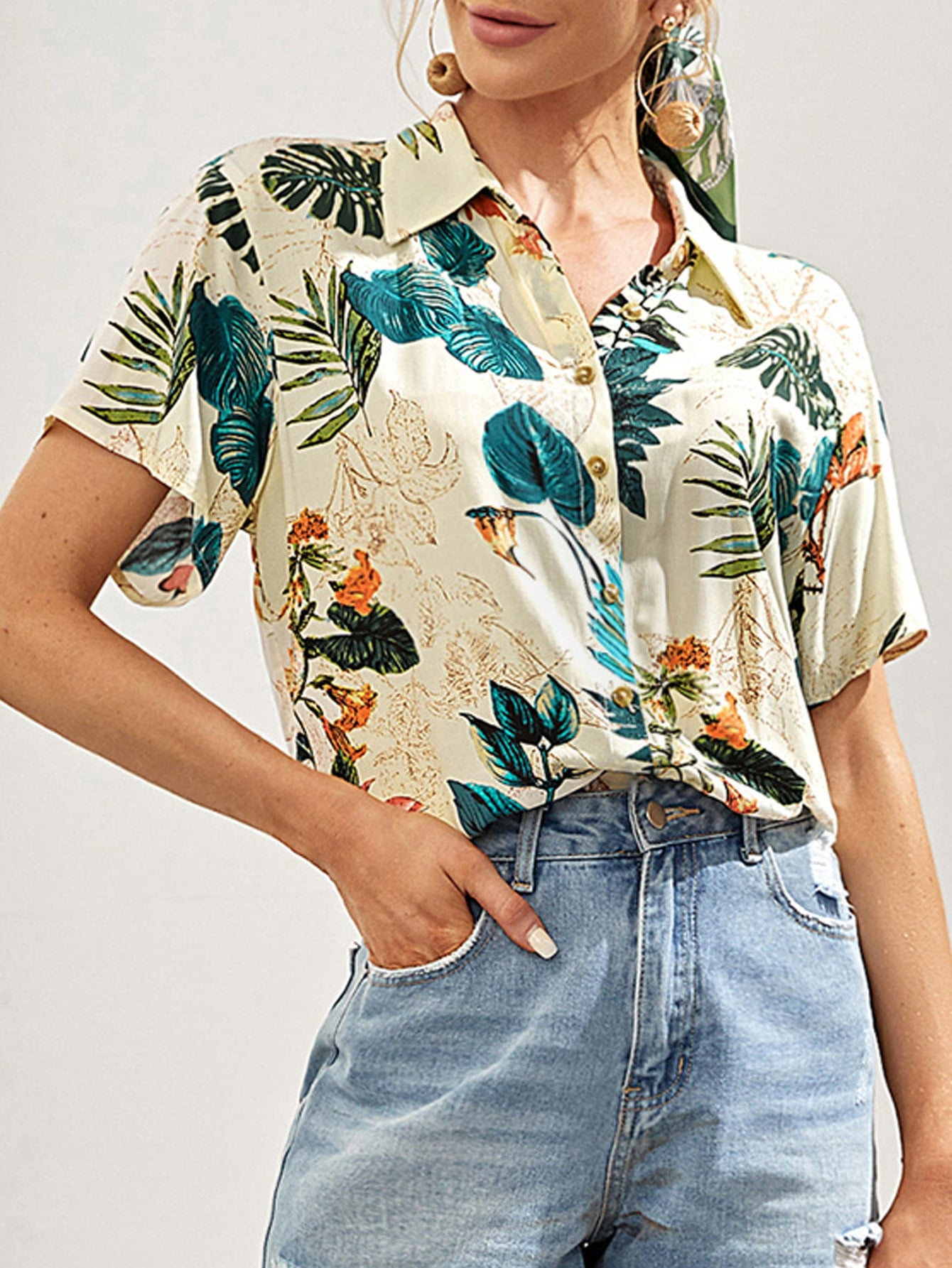 Women's Tropical Print Button Up Blouse 