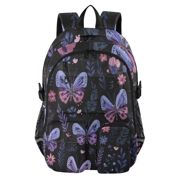 DIXRUYEE Blue Pink Butterfly Grass Flower Pattern Backpack for School 14”Laptop Compatible with Reflective Safety Strips