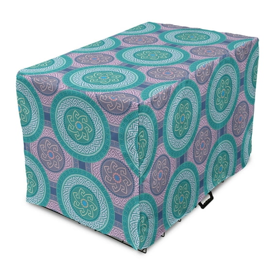 Ethnic Dog Crate Cover, Greek Geometric Circle Along Mediterranean Folk Geometric Effects Cultural Vibes, Easy to Use Pet Kennel Cover Small Dogs Puppies Kittens, 7 Sizes, Teal and Mauve, by Ambesonne