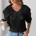 thumbnail image 2 of Cute Sweaters for Women Teen Girls with Bowknot Lapel/High Neck Long Sleeve Knitted Crop Plain Pullover Winter Tops (L, Black), 2 of 6