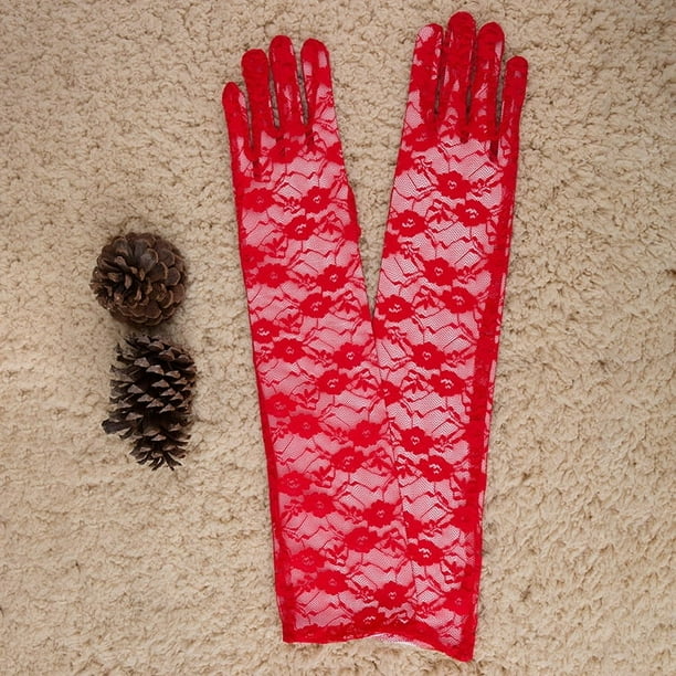 Zhuge 2 guantes largos de encaje con diseño floral de 20,86 pulgadas para mujer, para bodas, Halloween, fiestas de cosplay, color rojo