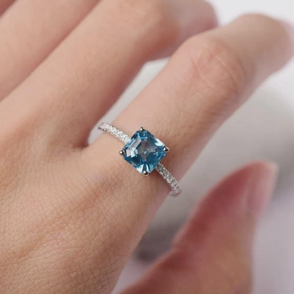 8 mm Blue Topaz Ring, 925 Sterling Silver, Minimalist Square Cut Ring, Halo Engagement Ring, Proposal Ring for Love
