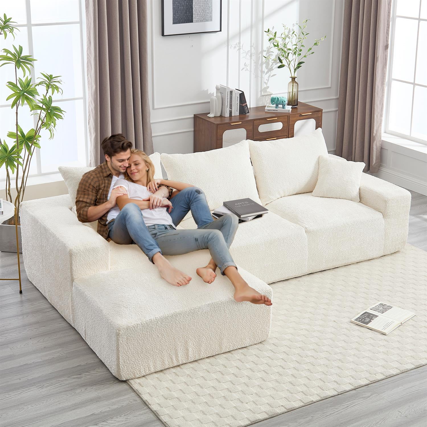 Demi Bonn 108" Modern L-Shaped Sofa, Premium Fabric Couch with Deep Seating, Freestyle Setup, No Assembly Needed for Living Room Relaxation, White