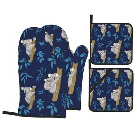 

Oven Mitts and Pot Holders 4 pcs Set Blue Leaf Gray Koala Print Heat Resistant Pot Holders Oven Mitts for kitchen Non-Slip Hanging Loop Oven Glove Potholders for Baking Cooking