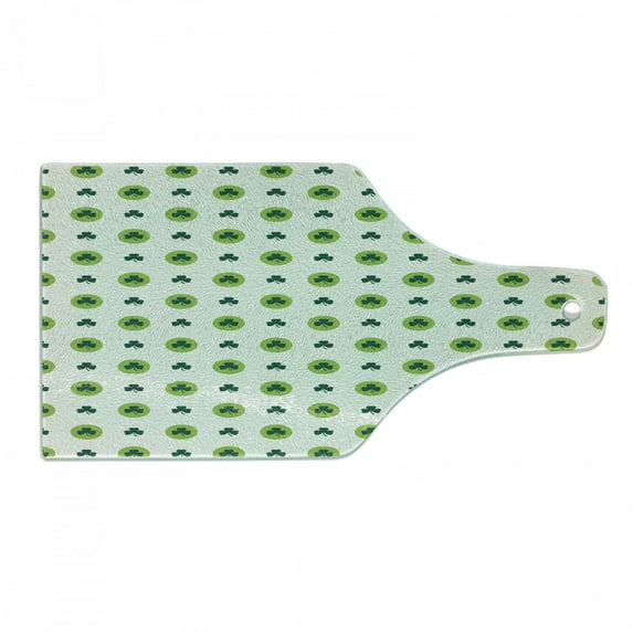 Floral Cutting Board, Clover Flowers Green Dots Cultural Irish St. Patrick's Day Pattern, Decorative Tempered Glass Cutting and Serving Board, Wine Bottle Shape, Lime Green Dark Green, by Ambesonne
