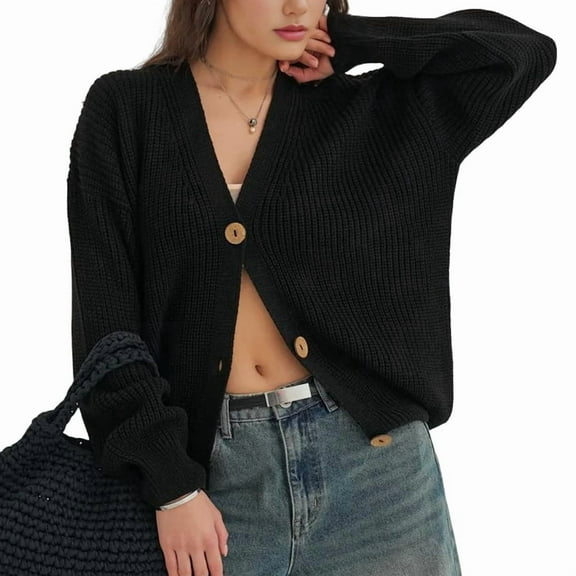 Women'S 2025 Fashion Casual Open-Front Long-Sleeved Chunky Knitted Sweater Jacket Black S