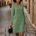 thumbnail image 2 of Kcodviy Femmes Automne Décontracté Robes Simples Femmes Robe à Col en V Élégante Robe pour Dames Été Confortable Couleur Unie Longue Robe en Lin pour Femmes Été Manche Poche Robe Décontractée, 2 of 8