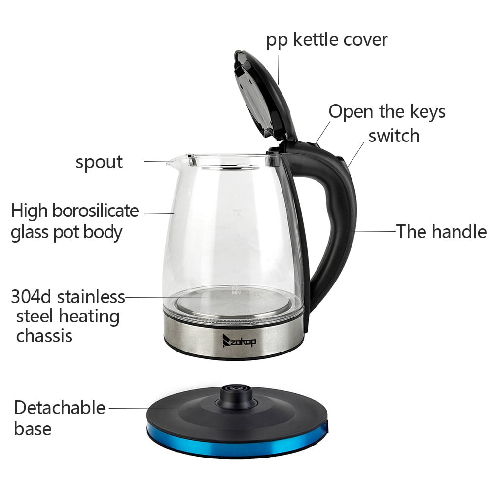 1L Electric BPA-Free Glass Kettle, Cordless 360°, Blue LED , Auto Shut-Off