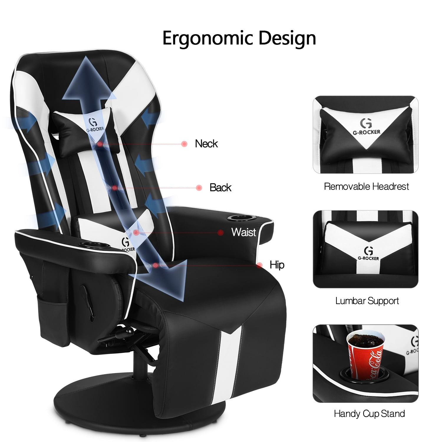 G ROCKER King Throne Video Gaming Recliner Chair Ergonomic High Back Swivel Reclining Chair with Cupholders Headrest Lumbar Support Adjustable