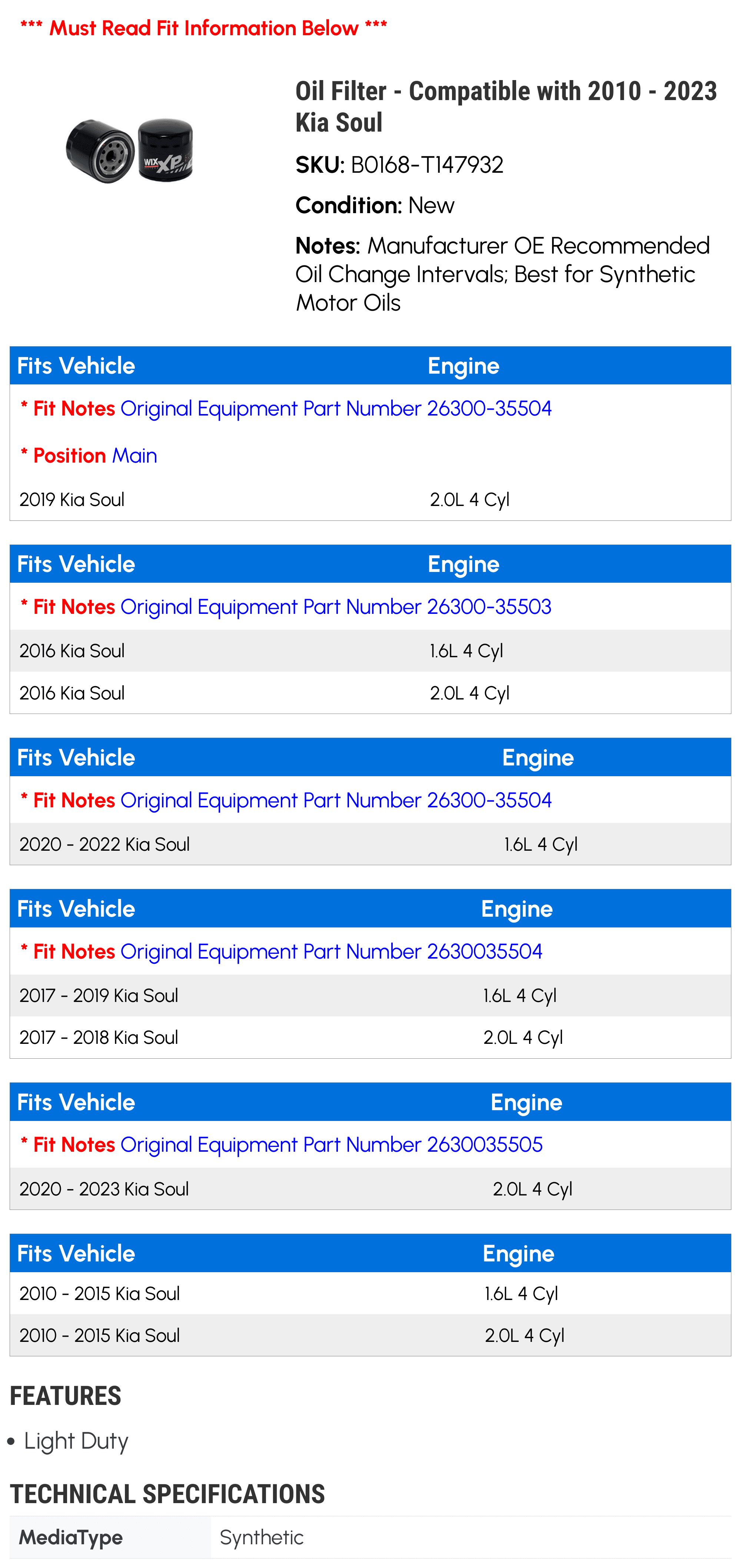 Oil Filter - Compatible with 2010 - 2023 Kia Soul 2011 2012 2013 2014 2015 2016 2017 2018 2019 2020 2021 2022