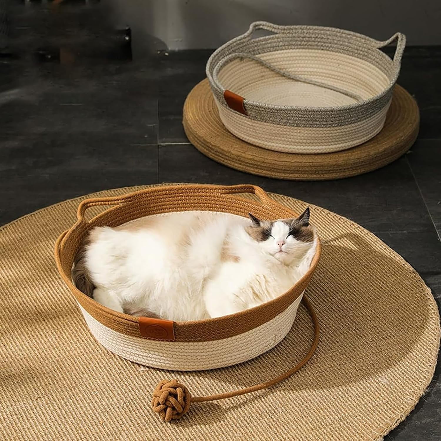 Handwoven Cat Basket,Foldable Cotton Rope Cats Toy Bed with Teasing Ball,for Small & Large Dog