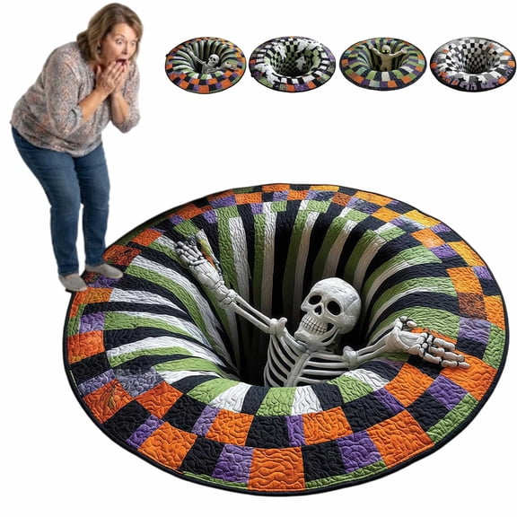 3D Halloween Rug, Quilted Round Mat with Non-Slip Backing and 3D Illusion, Soft Durable Spooky Decor for Indoor Home