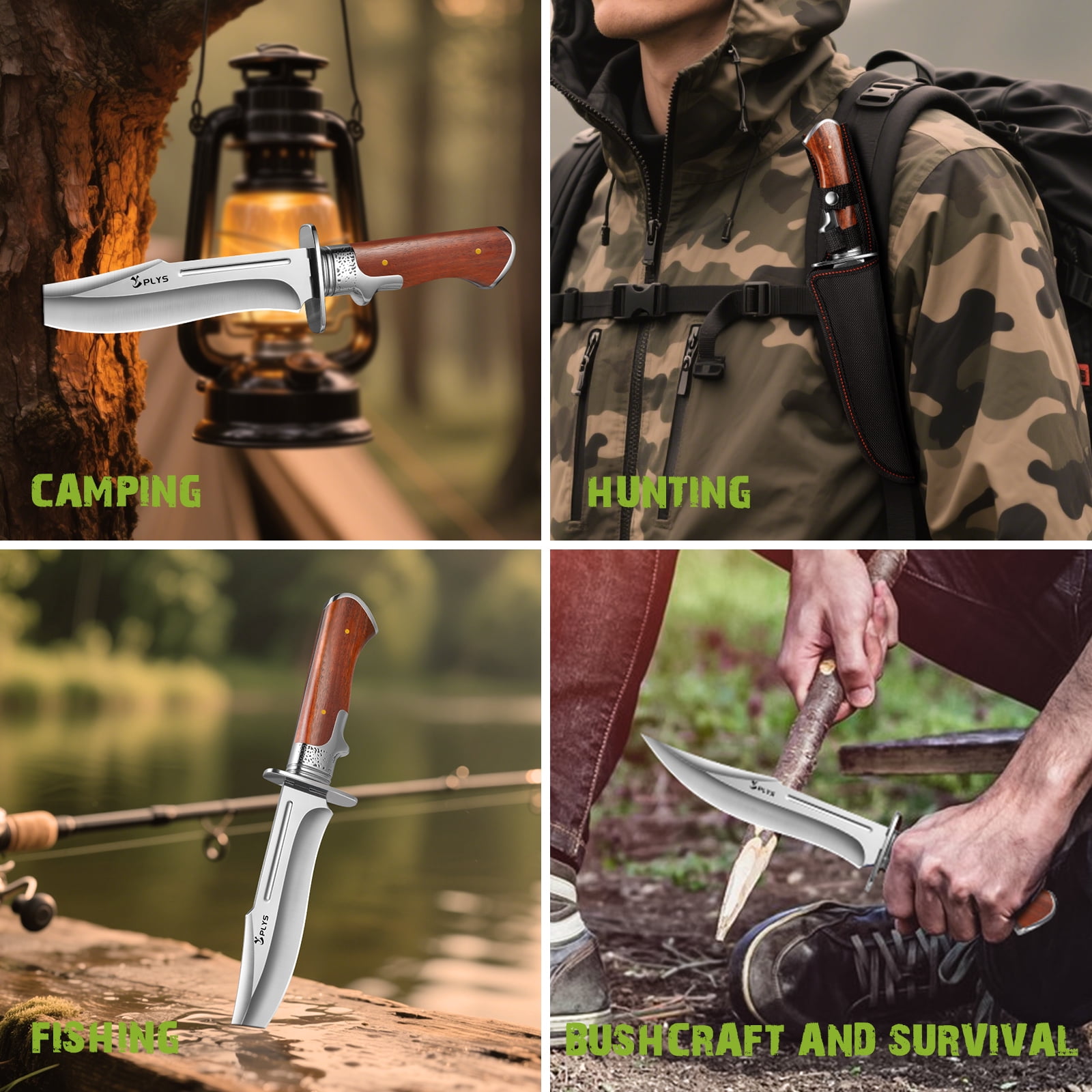 Plys Hunting Knife with Nylon Sheath, 6.9 inch Fixed Blade Outdoor Knife, Full Tang Camping Survival Tactical Knife
