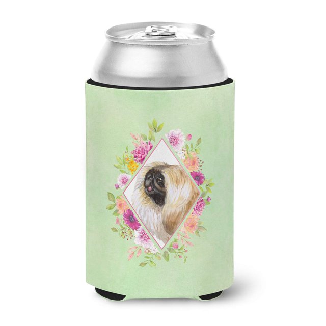 ""Caroline'S Treasures Ck4326Cc Pekinés Flores Verdes Lata O Botella Abrazaderas Para Bebidas Frías Koozies 12 Oz Multicolor""